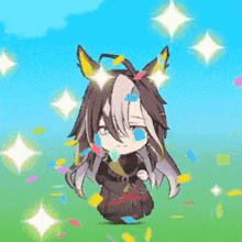 a cartoon character is surrounded by confetti and stars in a field