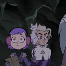 a couple of cartoon characters standing next to each other with one holding a cat on his shoulder