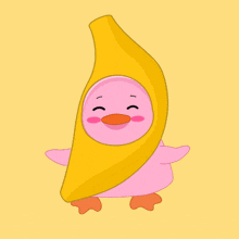 a pink penguin is wearing a yellow banana costume