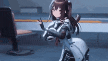 a girl in a futuristic suit is standing in a room holding a pen .