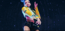 a girl with purple hair is wearing a yellow jacket with a patch on the sleeve that says ' slayer ' on it