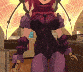 a woman in a purple outfit with wings is standing in front of a wall that says night