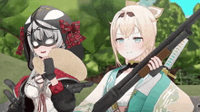 a couple of anime girls standing next to each other holding guns