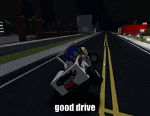 a cartoon character is driving a cardboard vehicle with the words good drive below it