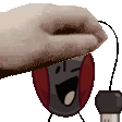 a pixel art of a hand holding a computer mouse with a face on it .