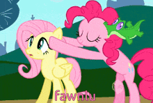 a cartoon of pinkie pie and fluttershy with fawntu written on the bottom right