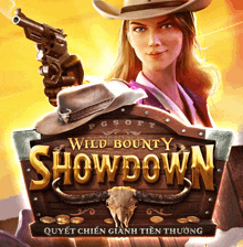 a woman in a cowboy hat is holding a gun in front of a wild bounty showdown sign