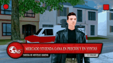 a video game screen shows a man standing in front of a red van and says mercado vivienda gana en precios y en ventas