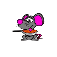 a cartoon mouse with pink ears is holding a spoon