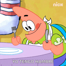 patrick star from spongebob squarepants is holding a fork and knife and saying yo tengo hambre