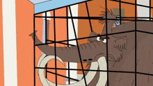 a cartoon drawing of an elephant in a cage looking out