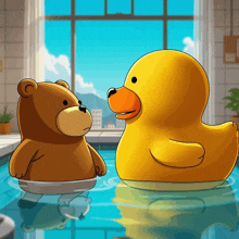 a teddy bear and a rubber duck are in a pool