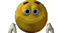 a cartoon smiley face with big eyes and gloves