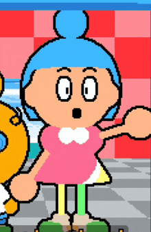 a pixel art of a girl with blue hair and a surprised look on her face