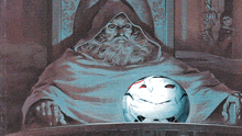 a painting of a man with a beard holding a soccer ball with a face on it