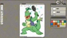 a cartoon drawing of a lizard with a brush and a cn logo