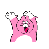 a cartoon drawing of a pink cat with its tongue out and its paws up .