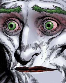 a close up of a joker 's face with green eyes