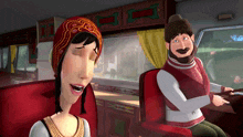 a cartoon of a man and woman sitting in a red chair