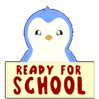 a penguin is holding a book and a pencil with a sign that says ready for school