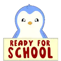 a penguin is holding a book and a pencil with a sign that says ready for school
