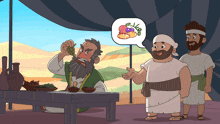 a cartoon of a man eating grapes with a speech bubble that says ' grapes ' on it