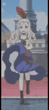 a girl in a blue dress is standing in front of a building with the letter m in the corner