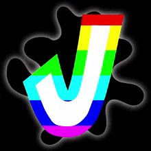 a rainbow colored letter j is against a black background