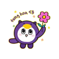 a sticker of a purple penguin holding a pink flower with the words tung hoa written above it