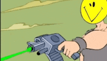 a cartoon character with a smiley face on his head is holding a gun .