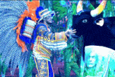 a man in a colorful outfit is touching a bull 's nose