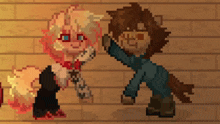 two pixel art characters are standing next to each other and giving each other a high five