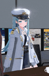 a girl in a military uniform is standing in front of a desk