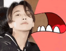 a close up of a man 's face next to a cartoon mouth with teeth
