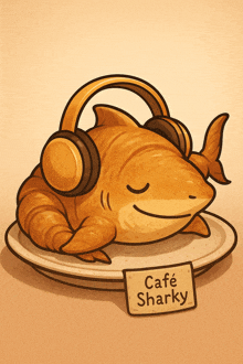 a shark wearing headphones sits on a plate with a cafe sharky sign