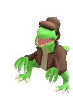 a green dinosaur wearing a brown jacket and a brown hat