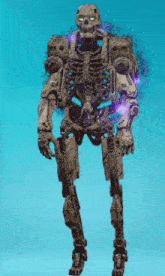 a robot with a skull on it 's head is standing on a blue background