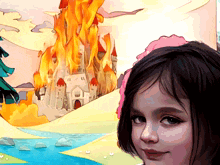 a little girl stands in front of a painting of a castle on fire