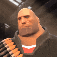 a bald man with a beard is holding a bunch of ammunition