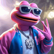 a pink frog wearing sunglasses and a w pendant