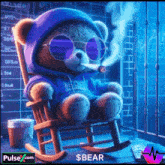 a teddy bear is sitting in a rocking chair smoking a cigar