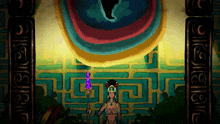 a cartoon drawing of a woman holding a sword in front of a colorful maze