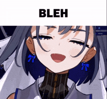 a close up of a girl with the word bleh on top