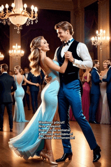 a man and woman are dancing on a dance floor with the words weekend placut in the corner