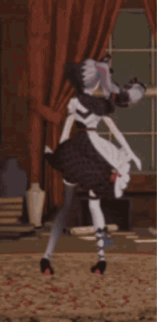a cartoon girl in a white dress is dancing in a room .