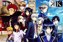 a group of anime characters are standing in front of a clock tower with the letter k above them