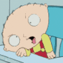 a cartoon character named stewie from family guy is sticking out his tongue