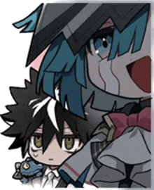 a couple of anime characters standing next to each other . one of the characters has blue hair .
