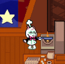 a pixel art of a cat wearing a chef 's hat holding a pan in a room .