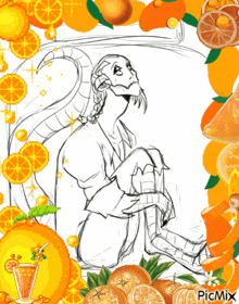 a black and white drawing of a monster surrounded by oranges and a drink
